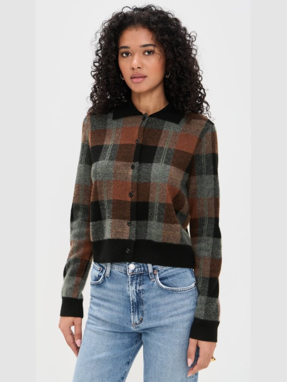 Vince Checked Plaid Cashmere Polo Cardigan Cacao Brown Black Button Front - Picture 5 of 6